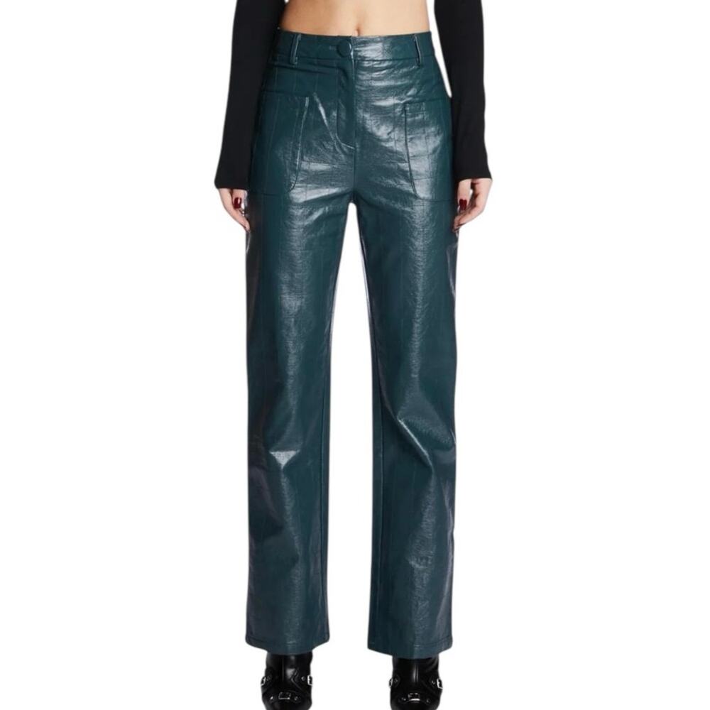 4th & Reckless Leather Look Embossed High Rise Flare Dark Teal Trousers Sz Large
